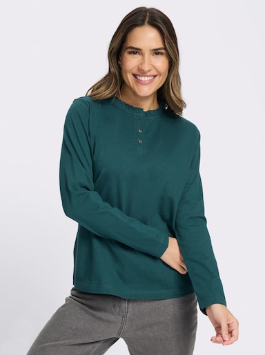 Langarmshirt mit gerüschtem Stehkragen - petrol