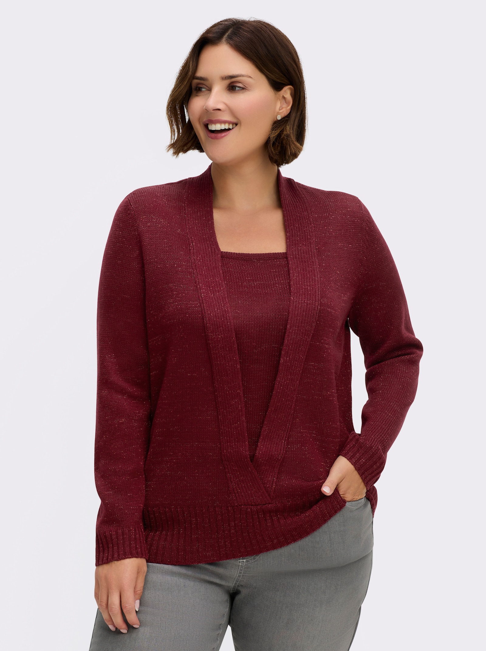 2-in-1-Pullover mit Schalkragen-Optik - rot-meliert
