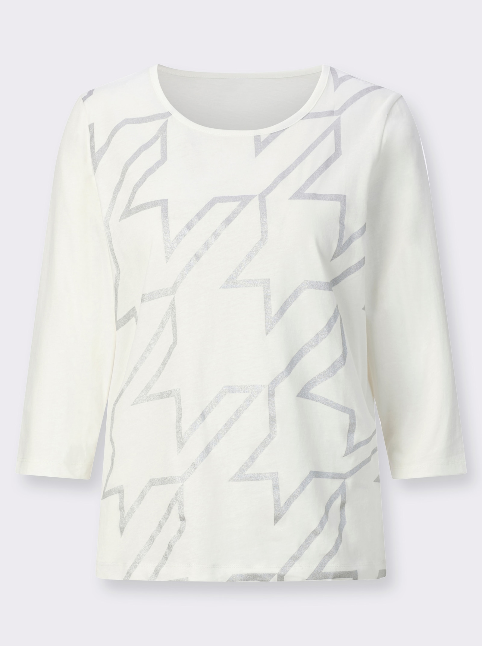 Shirt met ronde hals, pied-de-poule en folieprint - ecru