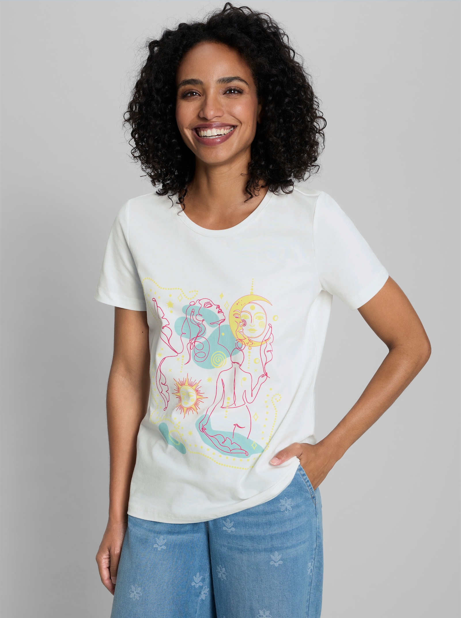 heine Shirt mit Rundhals-Ausschnitt - ecru-mint-bedruckt