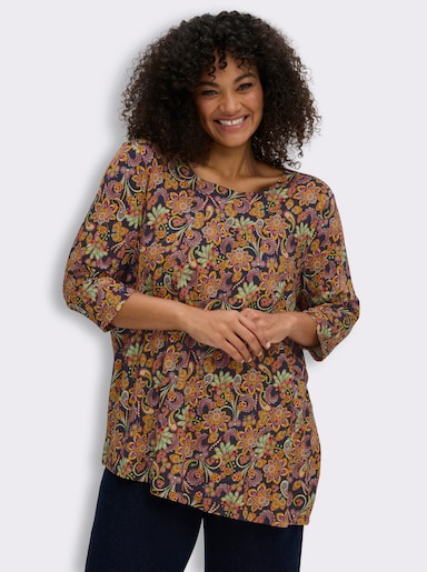 sheego 3/4-Arm-Shirt mit asymmetrischem Saum - ocker-tiefblau-bedruckt