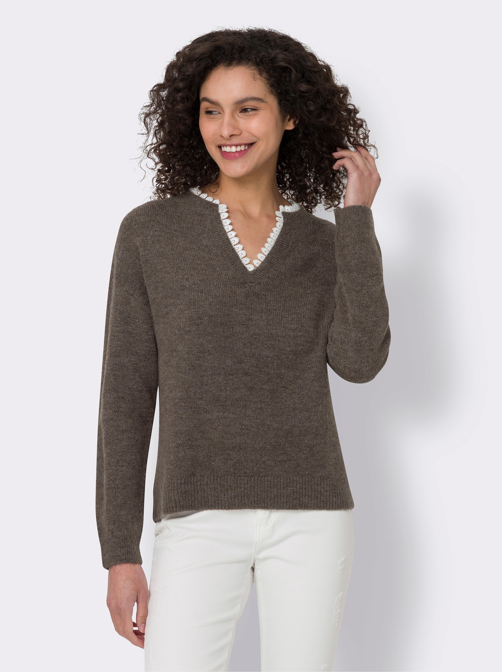 heine Pullover mit Spitzeneinsatz - dunkeltaupe-meliert