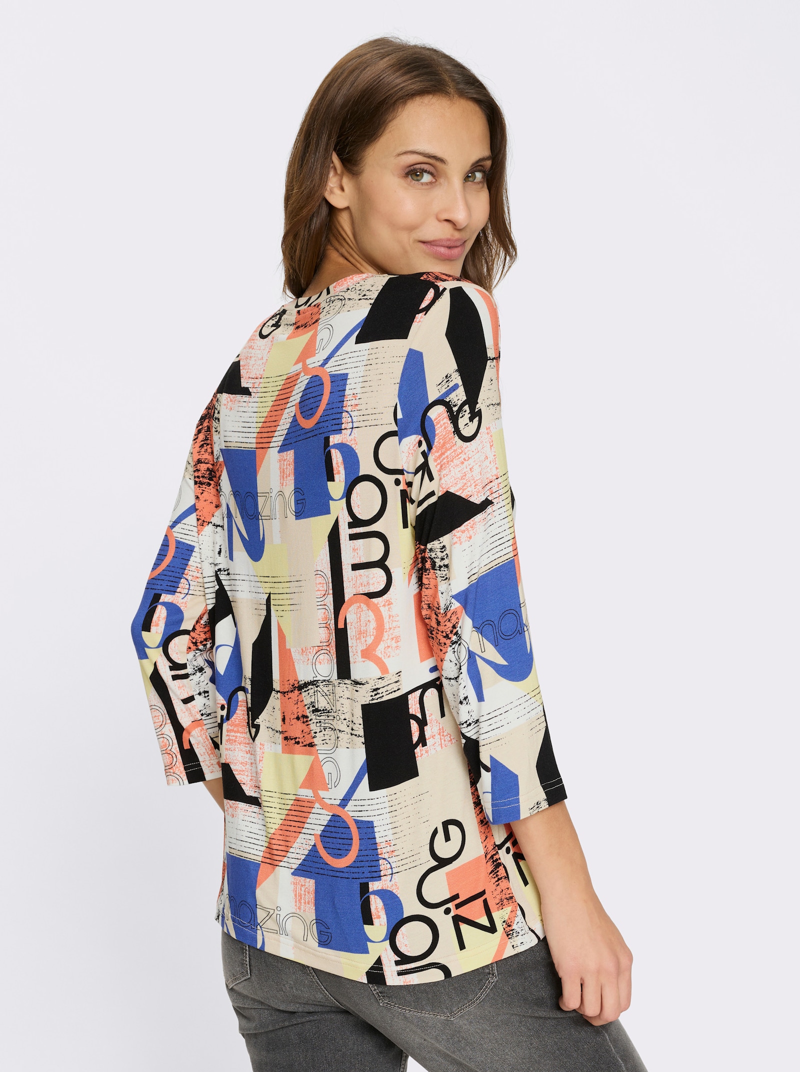 Print-Shirt mit 3/4-Ärmeln - royalblau-orange-bedruckt