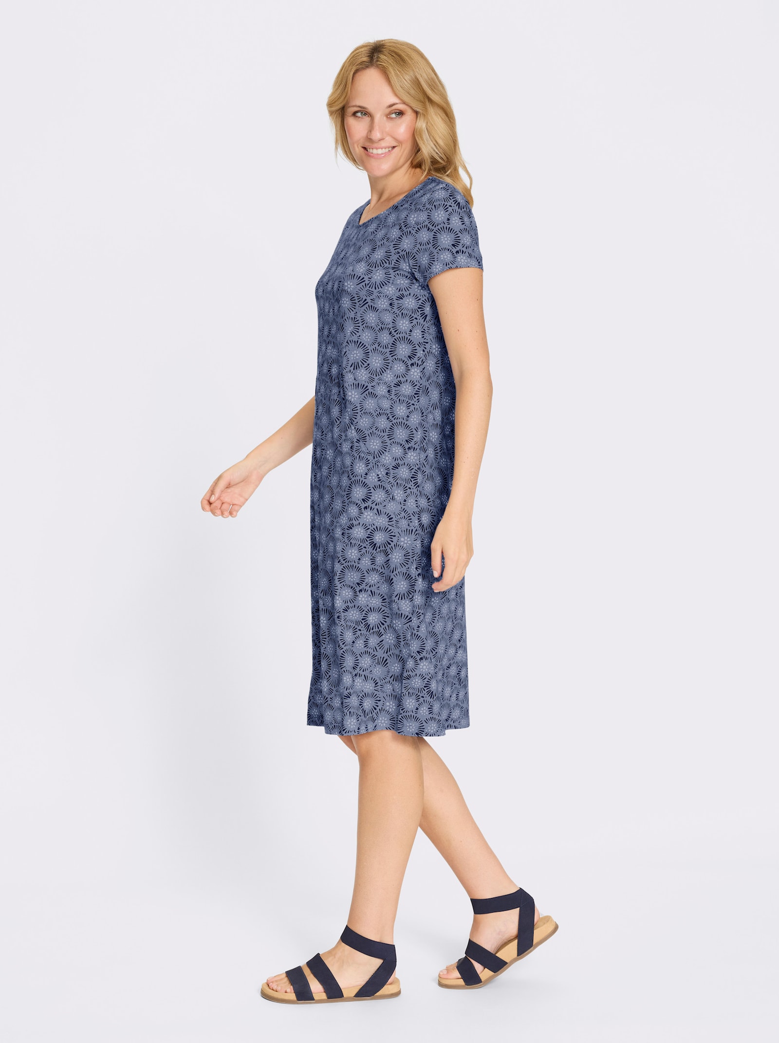 Jerseykleid aus reiner Baumwolle - taubenblau-marine-bedruckt