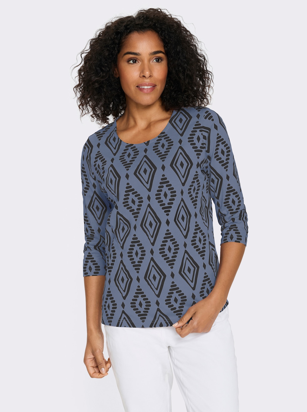 3/4-Arm-Shirt aus reiner Baumwolle, bedruckt - taubenblau-schwarz-bedruckt