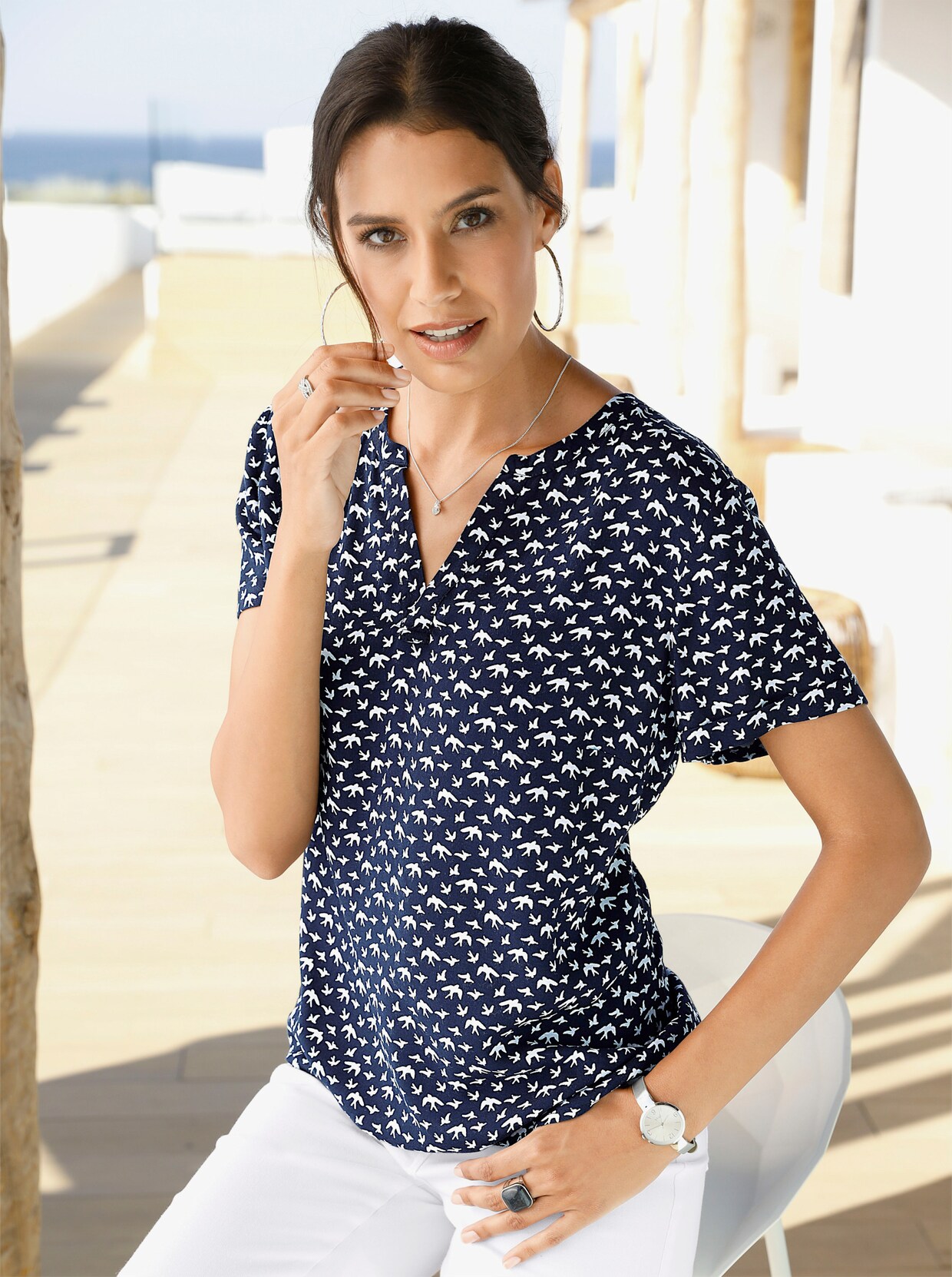 Kurzarm-Bluse - marine-weiss-bedruckt