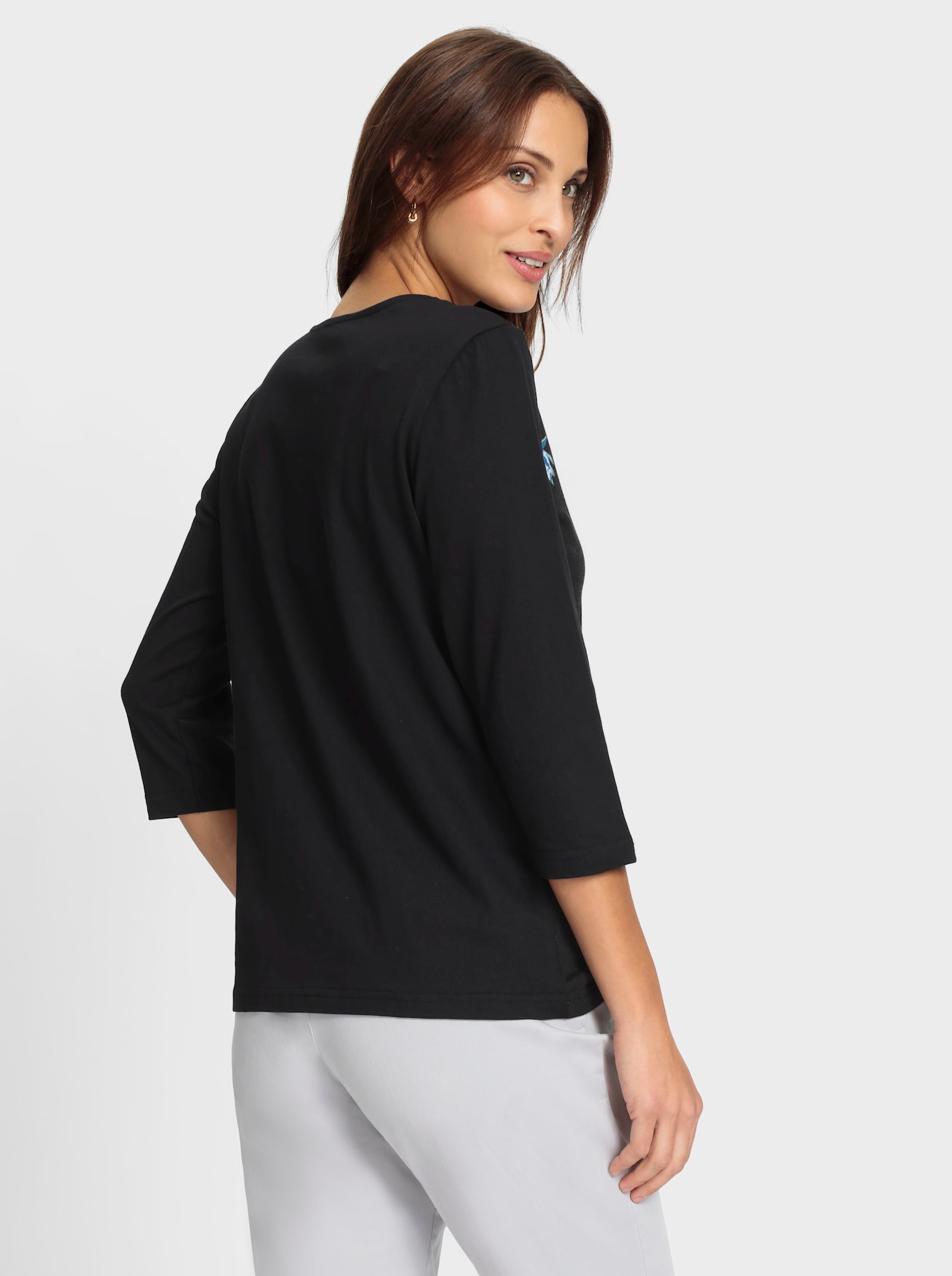 Shirt met 3/4-mouwen en bloemenprint - zwart/aquamarijn bedrukt