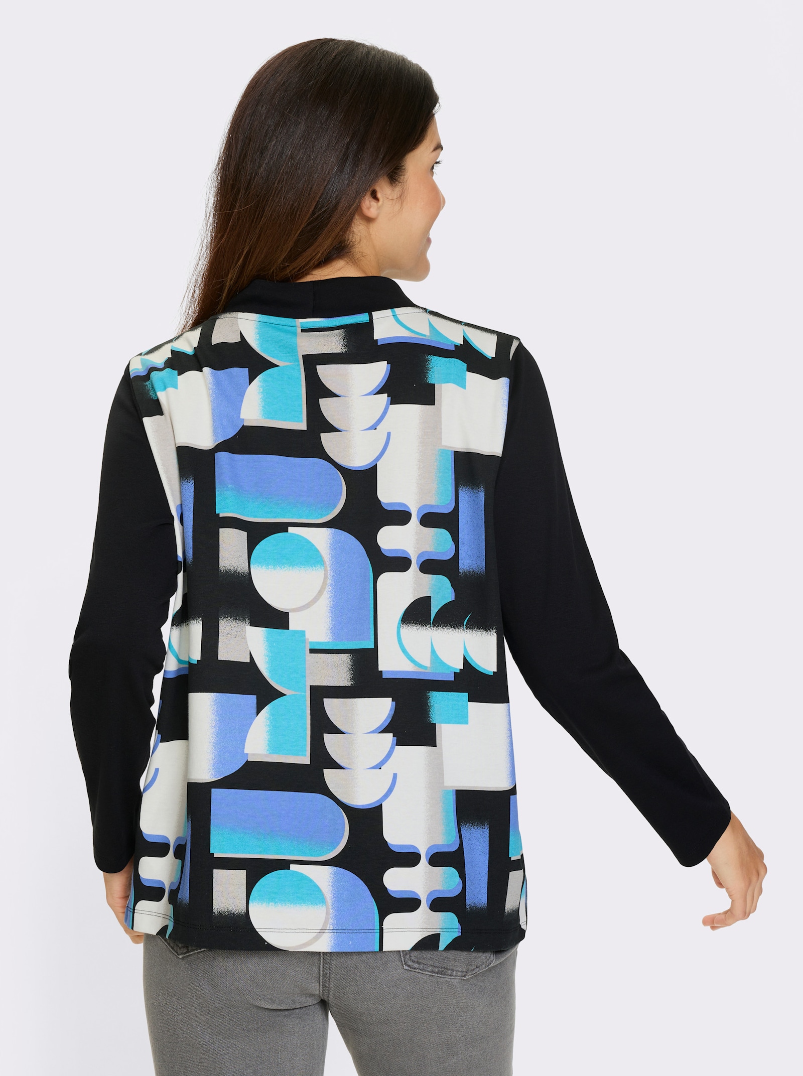 Sweatshirt mit halsfernem Stehkragen - türkis-schwarz-bedruckt