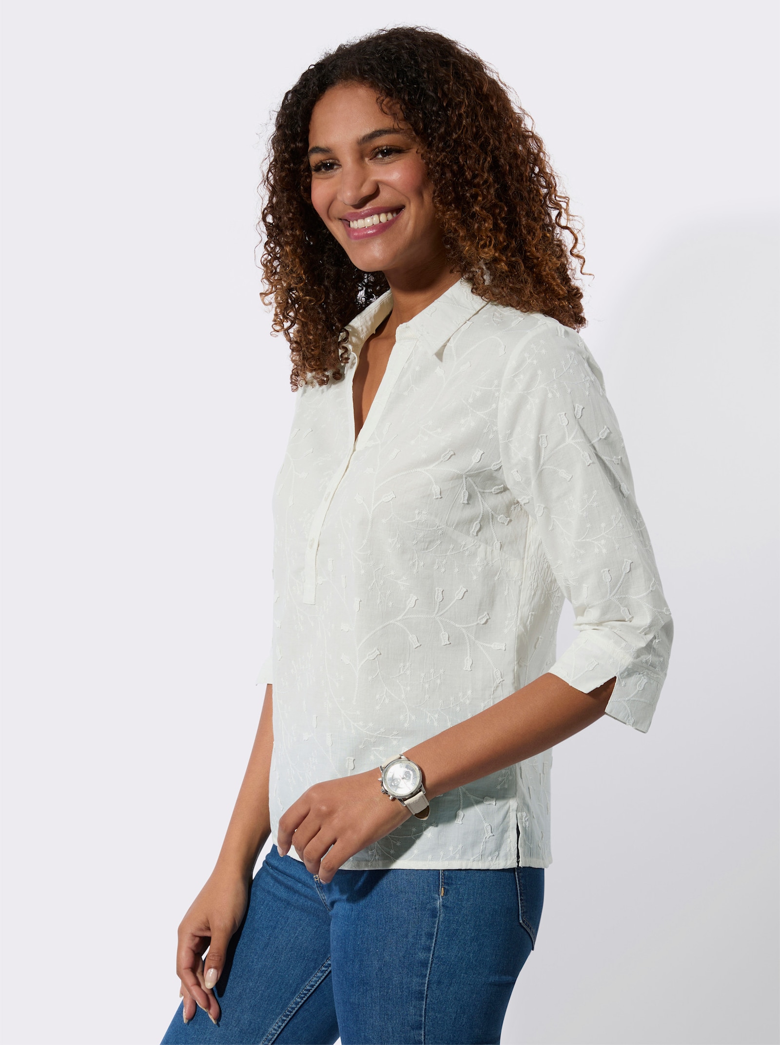 Baumwollbluse Mit 3-D-Blütenstickerei - ecru