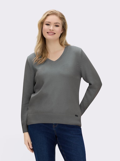 V-Ausschnitt-Pullover mit Baumwolle - grau-meliert