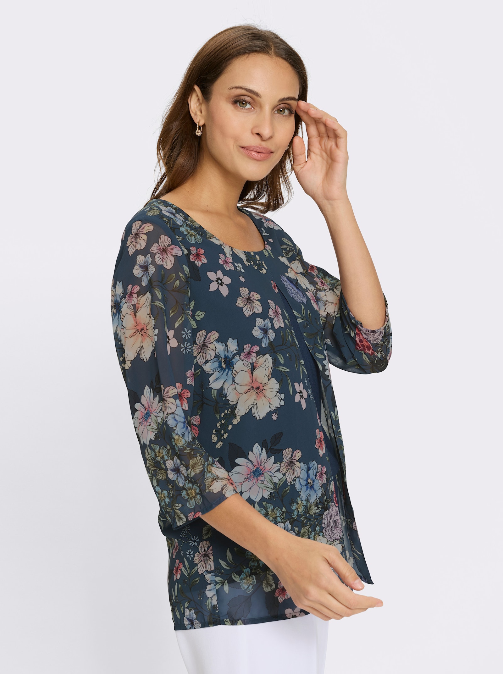 Druckbluse in 2-in-1-Optik - dunkelblau-orchidee-bedruckt