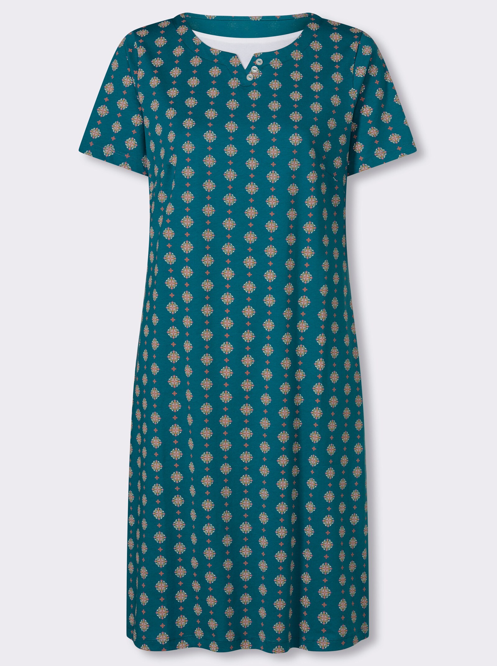 Jerseykleid mit einfarbigem Einsatz am Ausschnitt - aquapetrol-magenta-bedruckt