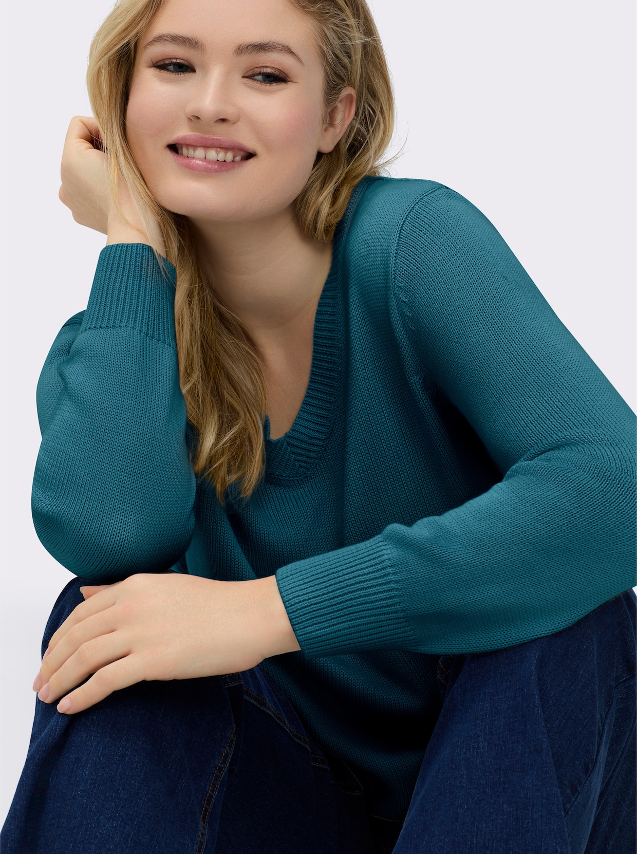 V-Ausschnitt-Pullover mit Baumwolle - petrol