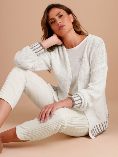 CREATION L PREMIUM Strickjacke mit Kontrast-Streifen - ecru