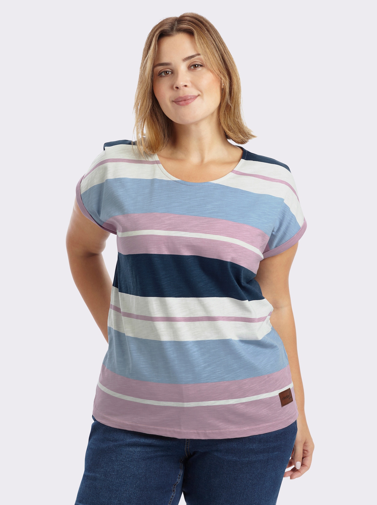 Print-Shirt aus reiner Baumwolle - mauve-dunkelblau-geringelt