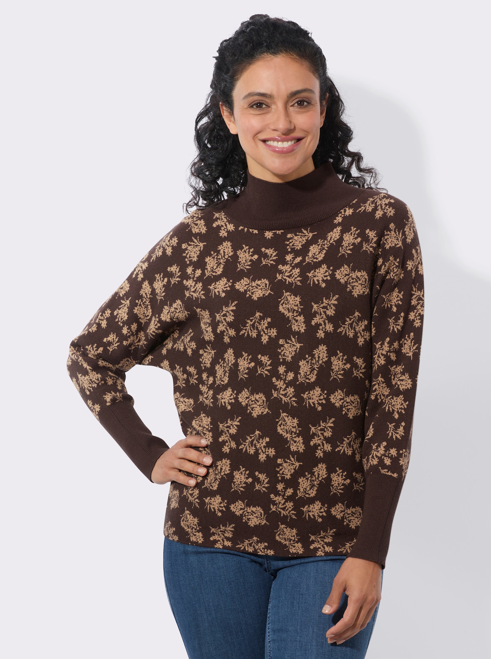 Stehkragenpullover mit floralem Print - schoko-camel-gemustert