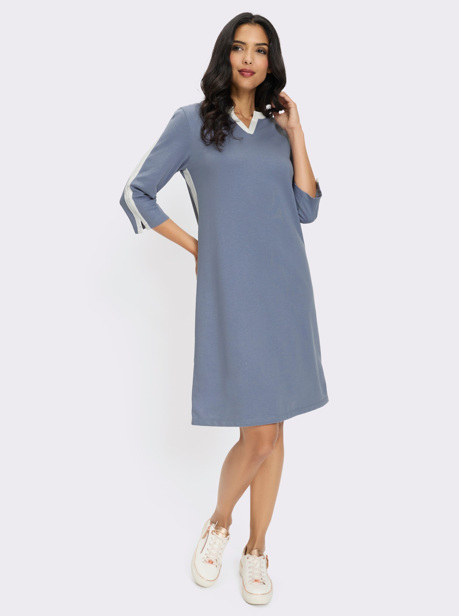 Sweatkleid mit Kontrastblenden - taubenblau-ecru