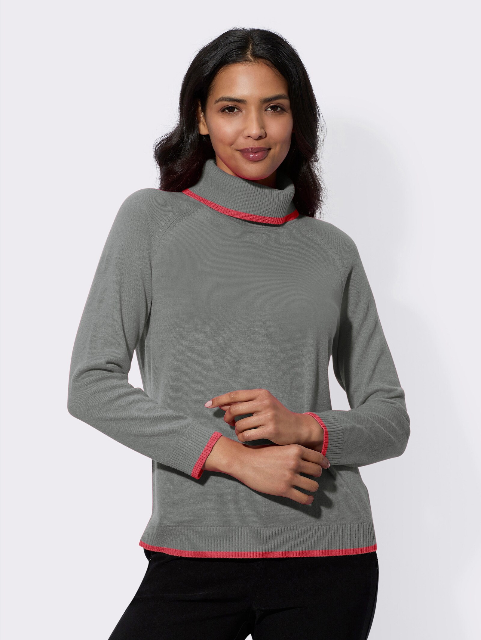 Pullover met rolkraag en contraststrepen - grijs/pink