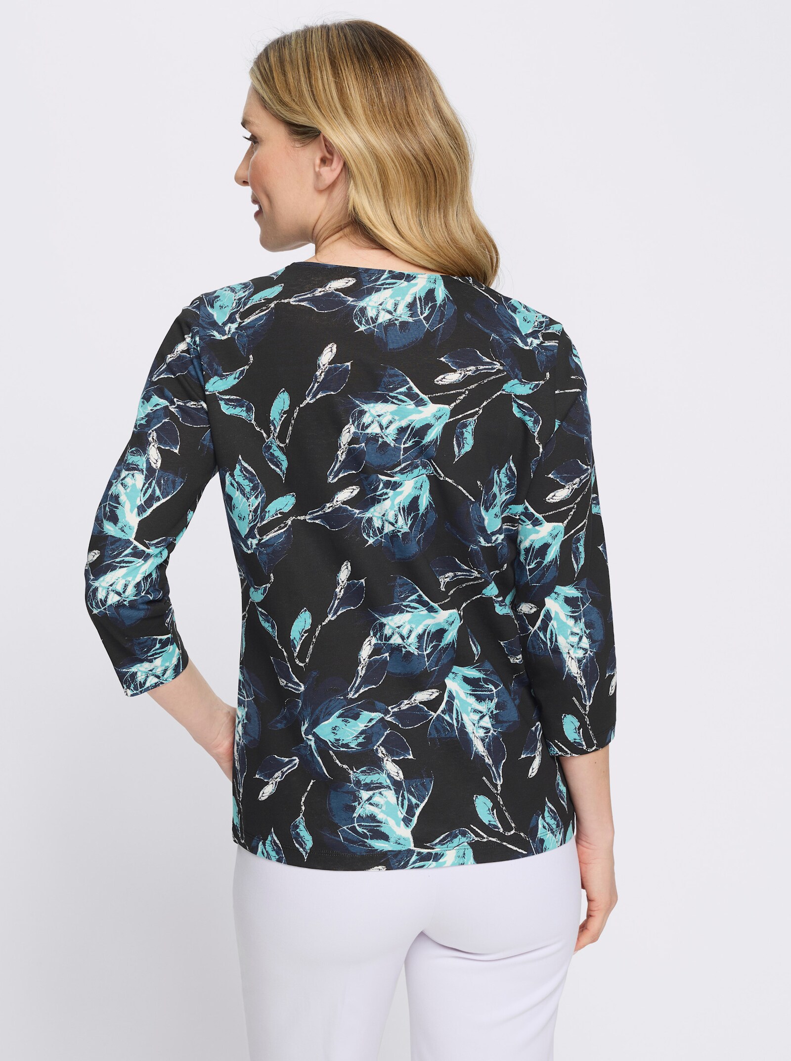 3/4-Arm-Shirt mit floralem Druck-Dessin - schwarz-aquamarin-bedruckt