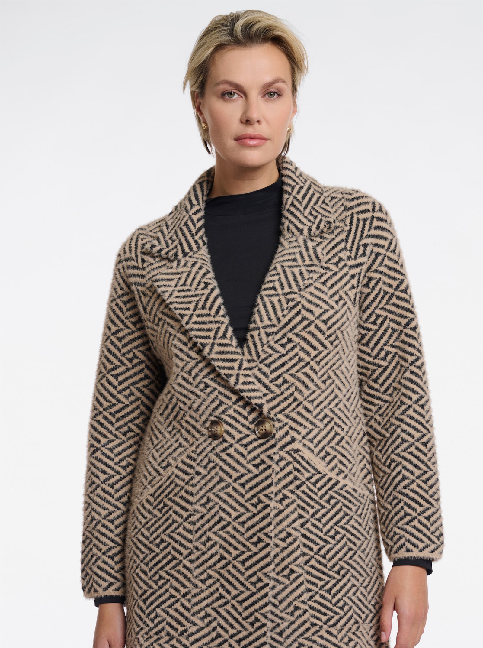 Rino & Pelle Strickmantel mit Grafik-Muster - sand-schwarz-gemustert