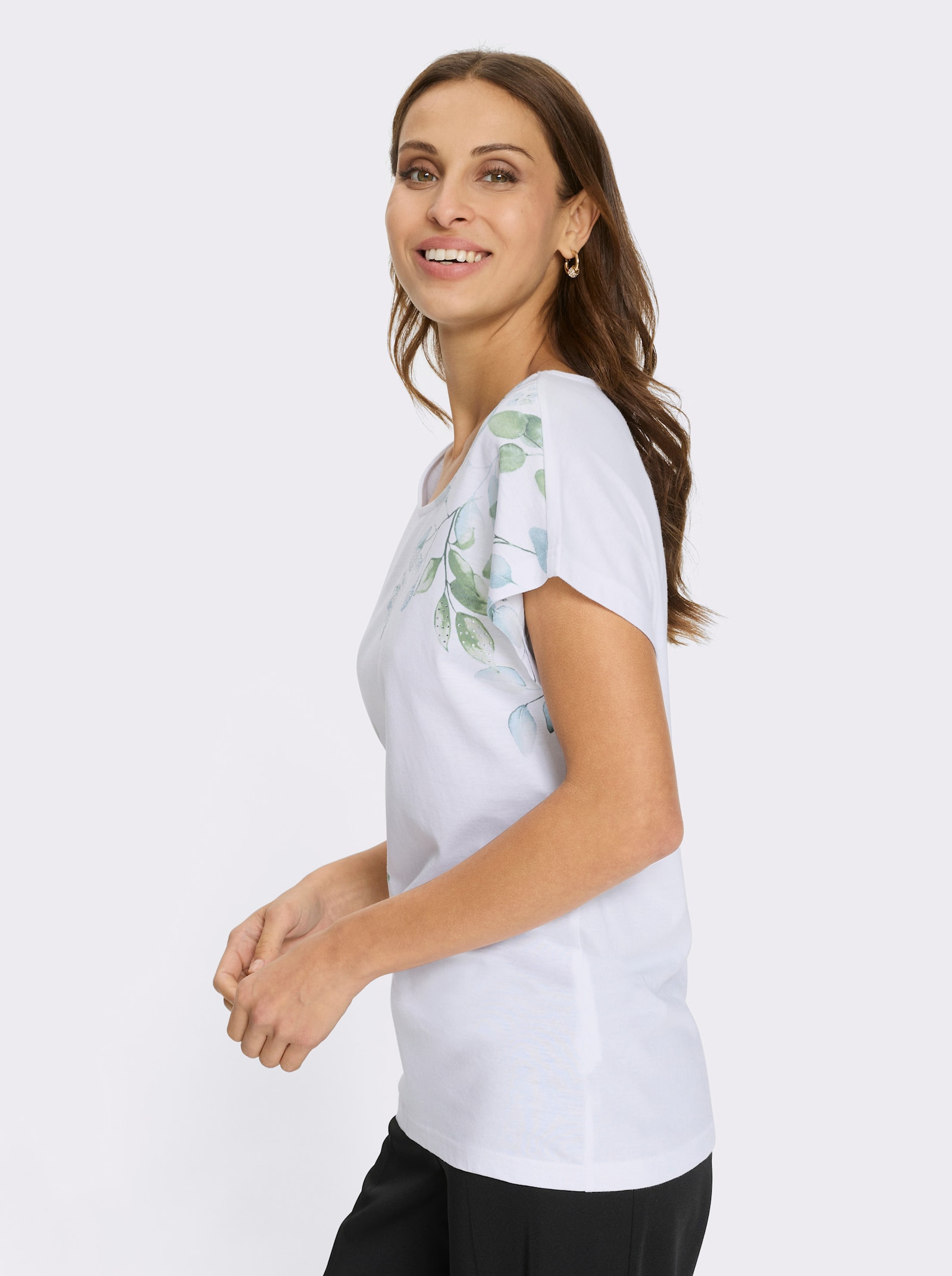 Topp med rund halsringning, bladtryck & glitterstenar - vit-eukalyptus-med tryck