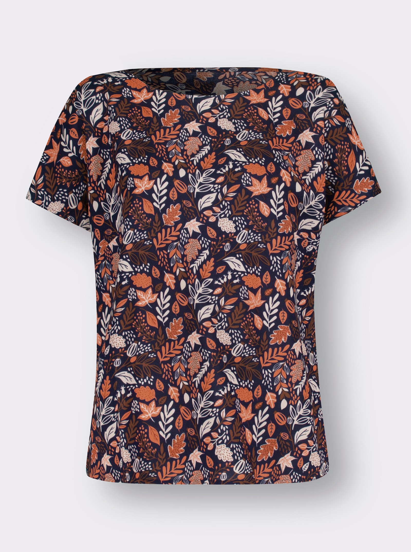 Comfortblouse met bladerprint - marine/papaja bedrukt