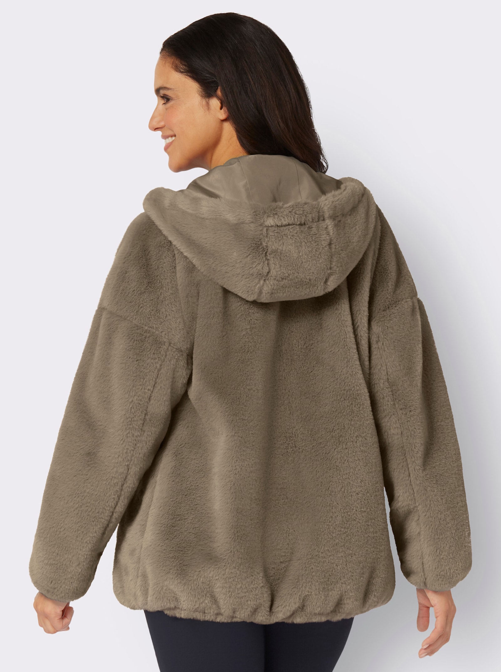 Fellimitatjacke mit Gummizug an Ärmeln und Saum - schlamm