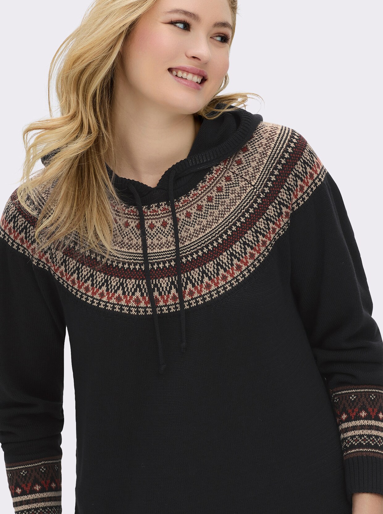sheego Kapuzenpullover mit Jacquardmuster - schwarz-beige-gemustert