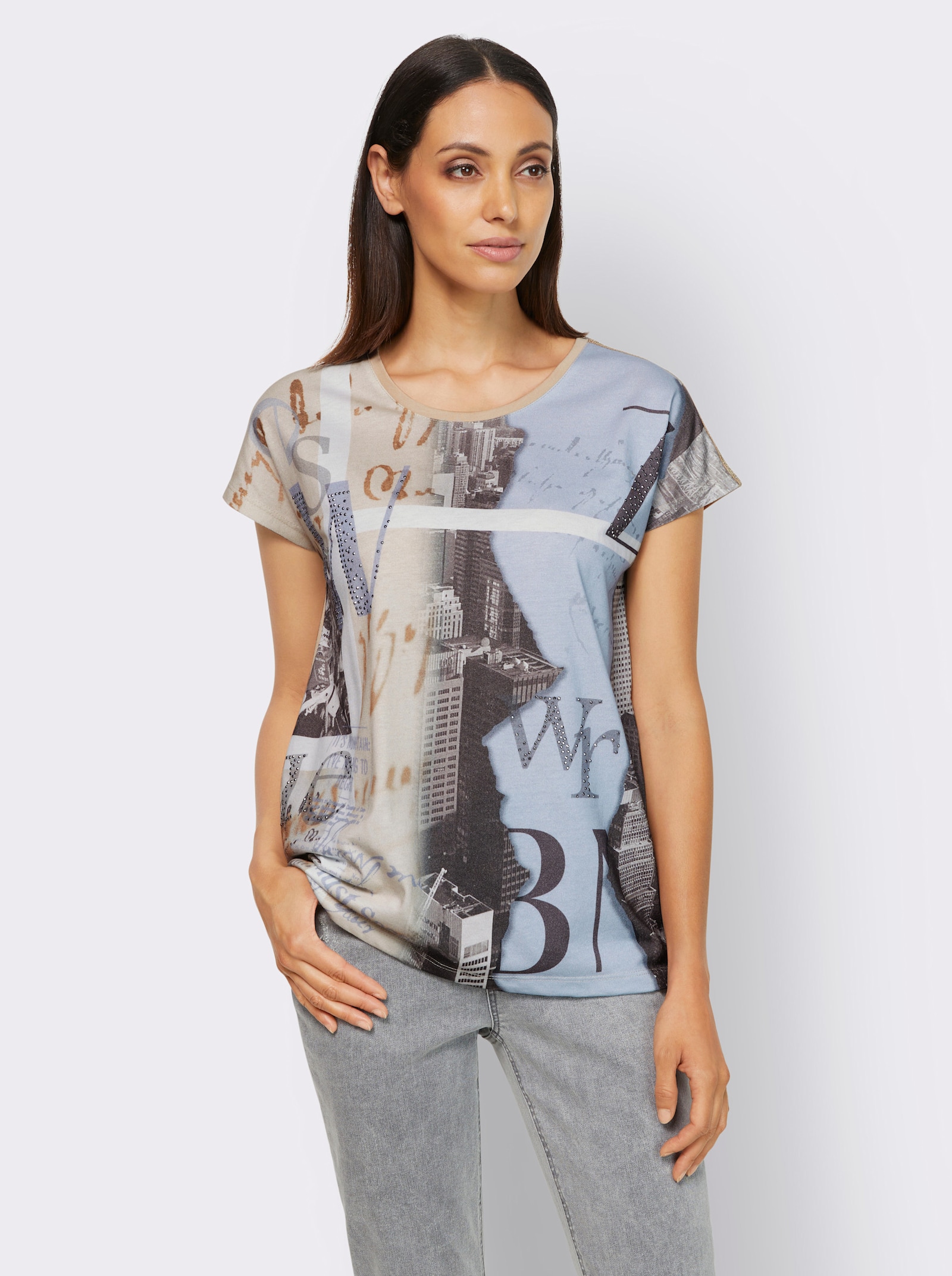 heine Kurzarmshirt mit Nieten und Ziersteinen - ecru-bleu-bedruckt