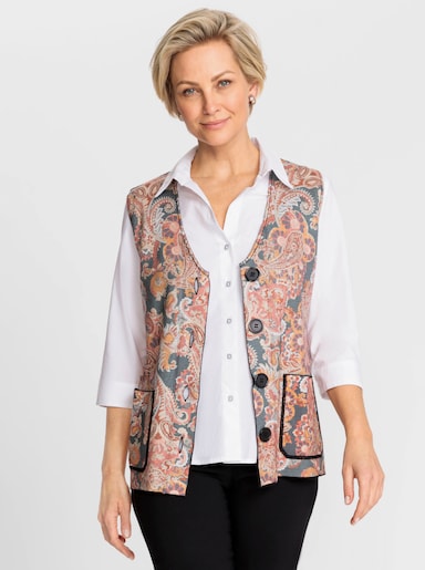 Strickweste zum Wenden - schwarz-ocker-bedruckt