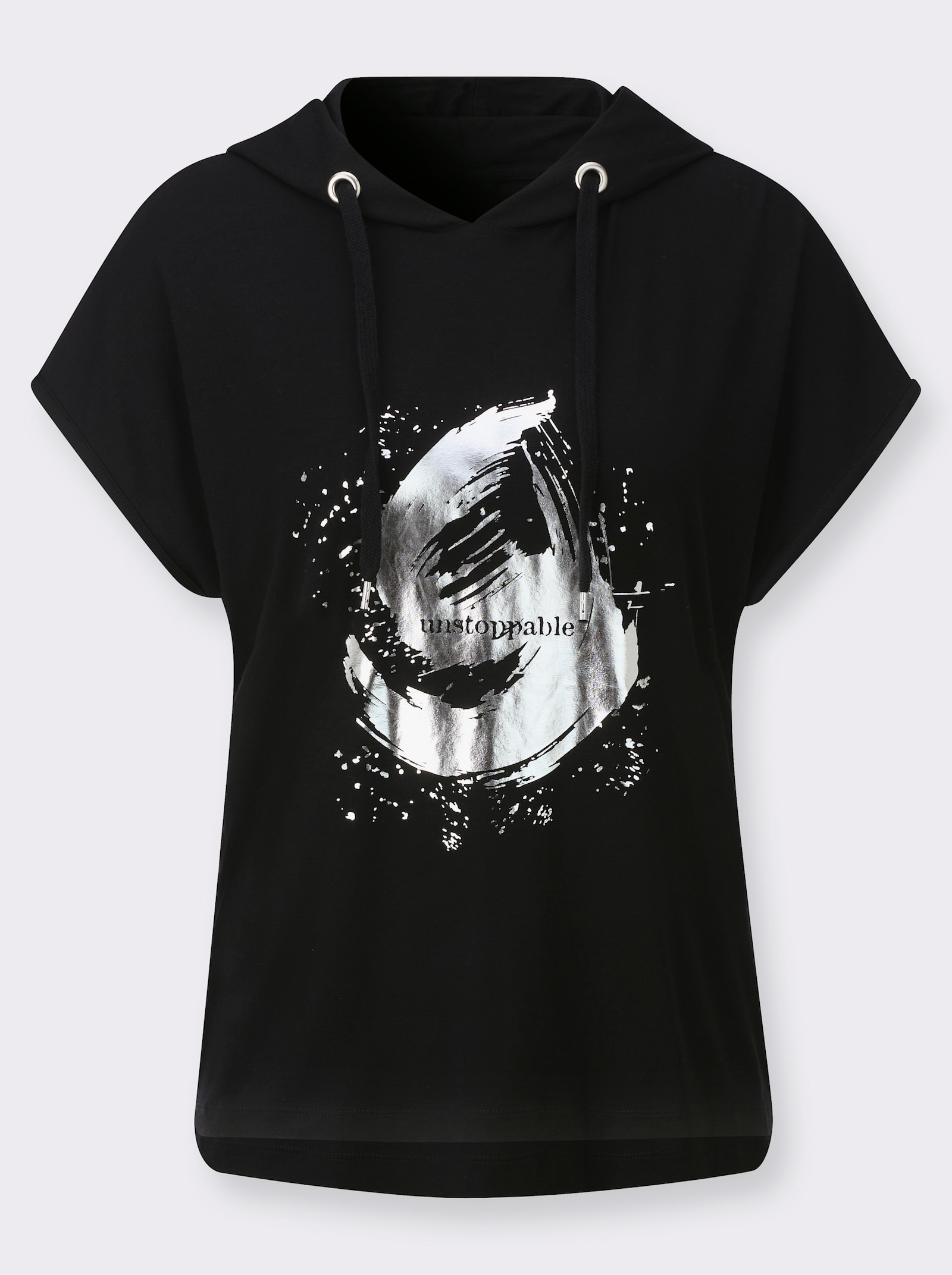 Shirt met capuchon en zilverkleurige print - zwart