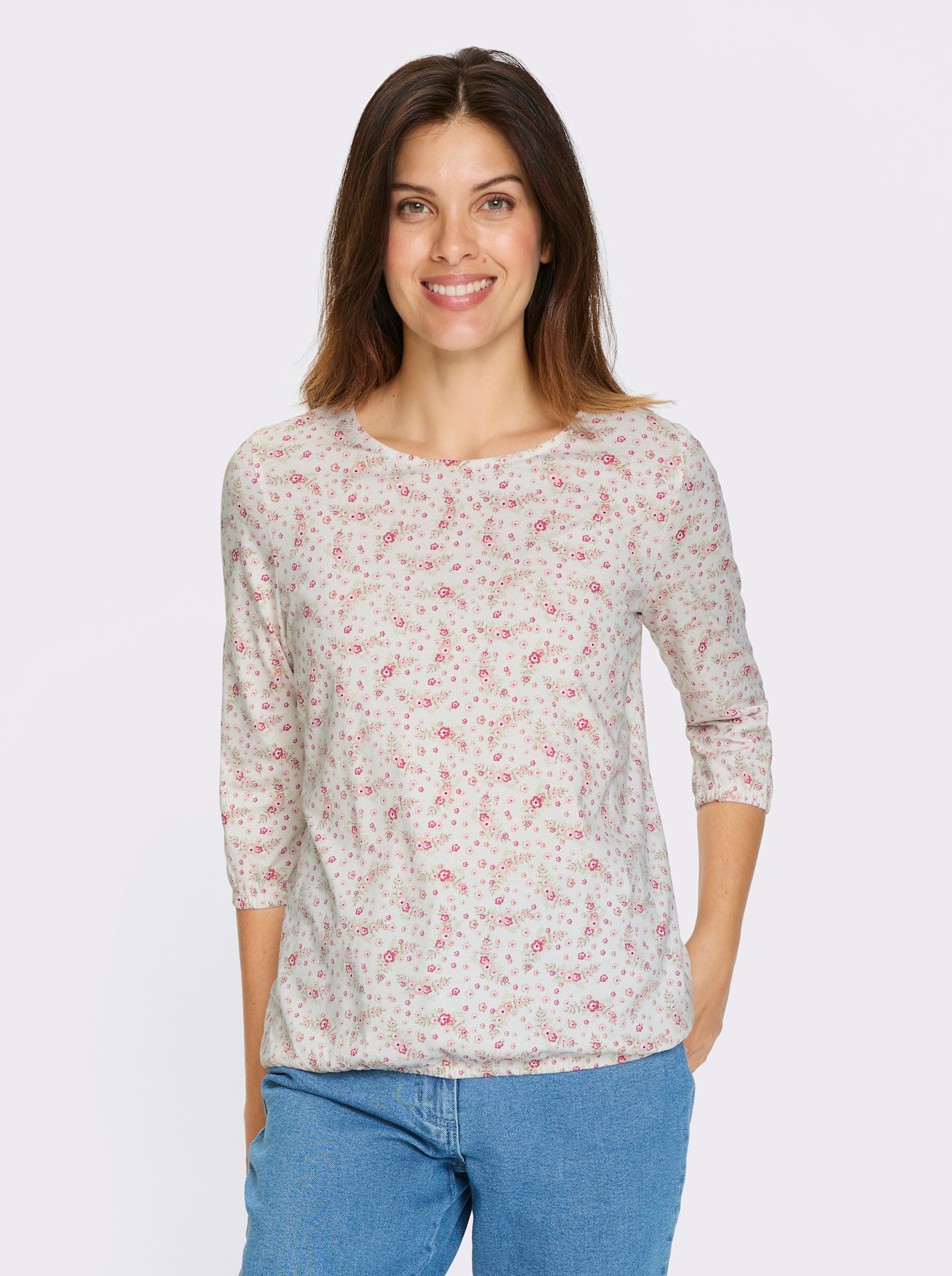 Topp med 3/4-ärm, blommönster - ecru-rosenträ-med tryck