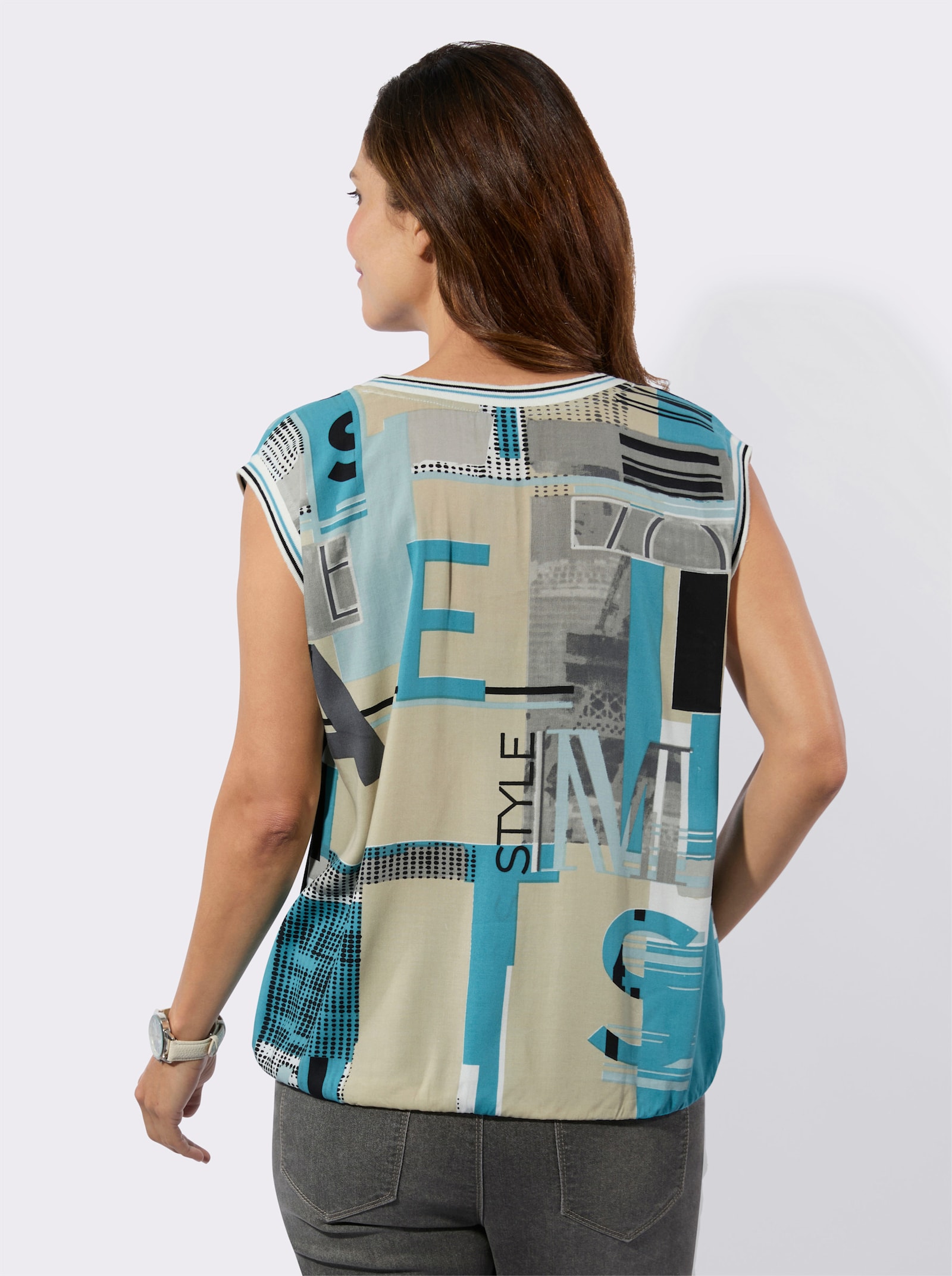 Blusentop mit gestreiften Bündchen - türkis-sand-bedruckt