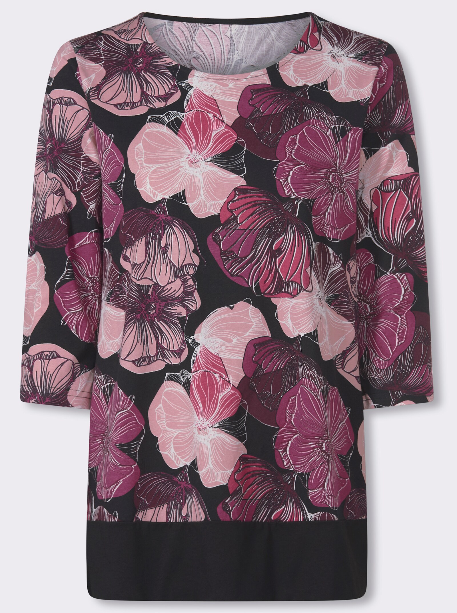 Longshirt in figurfreundlicher A-Linie - fuchsia-schwarz-bedruckt