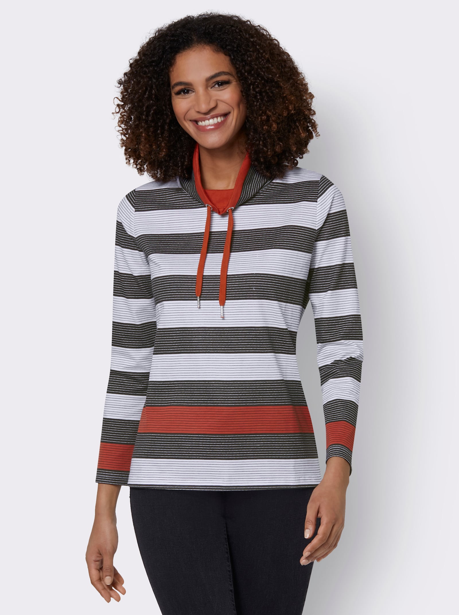 Stehkragenshirt mit weitenregulierbarem Kragen - rostrot-schwarz-geringelt