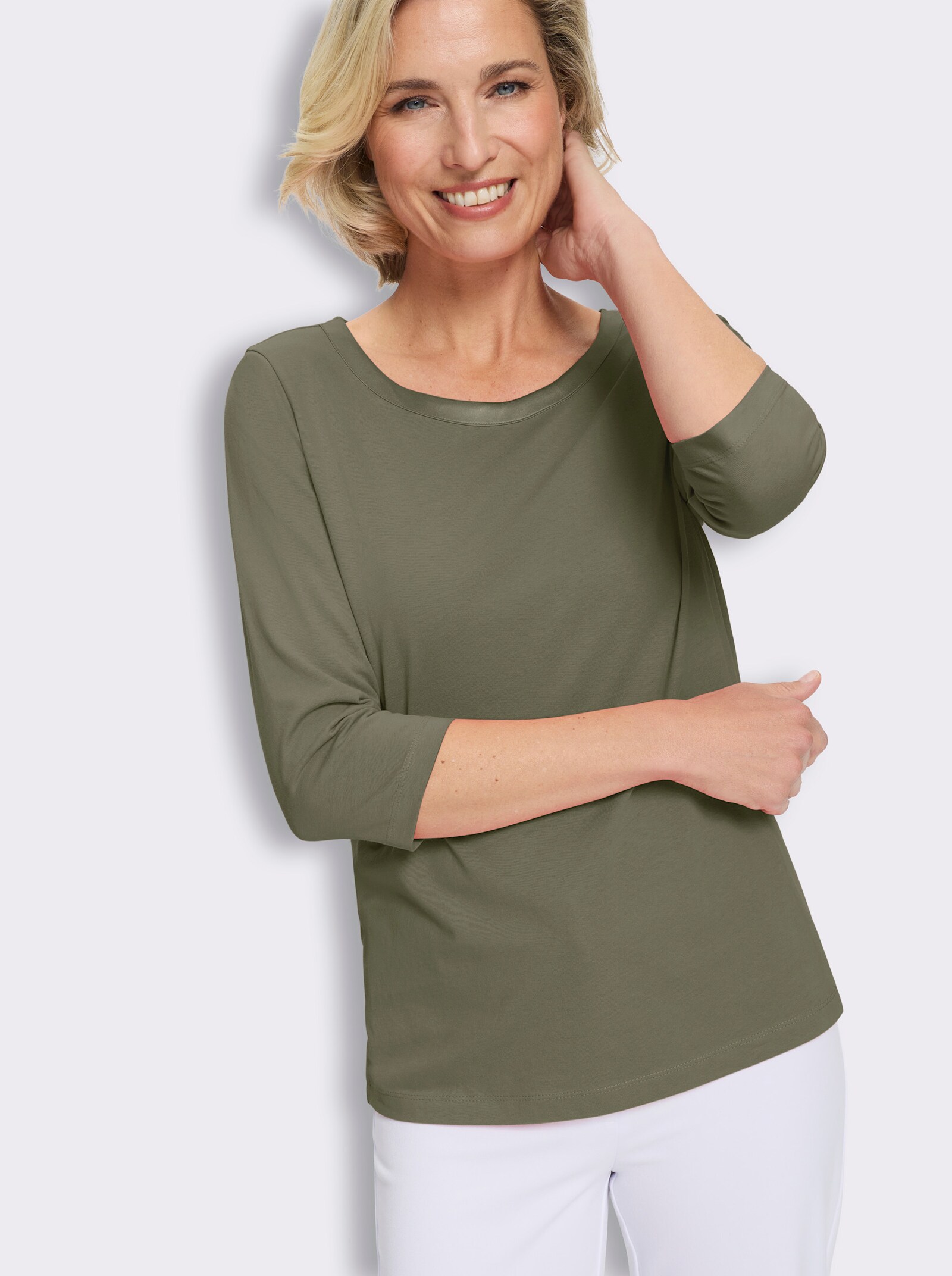 3/4-Arm-Shirt mit Satin-Paspelierung - khaki