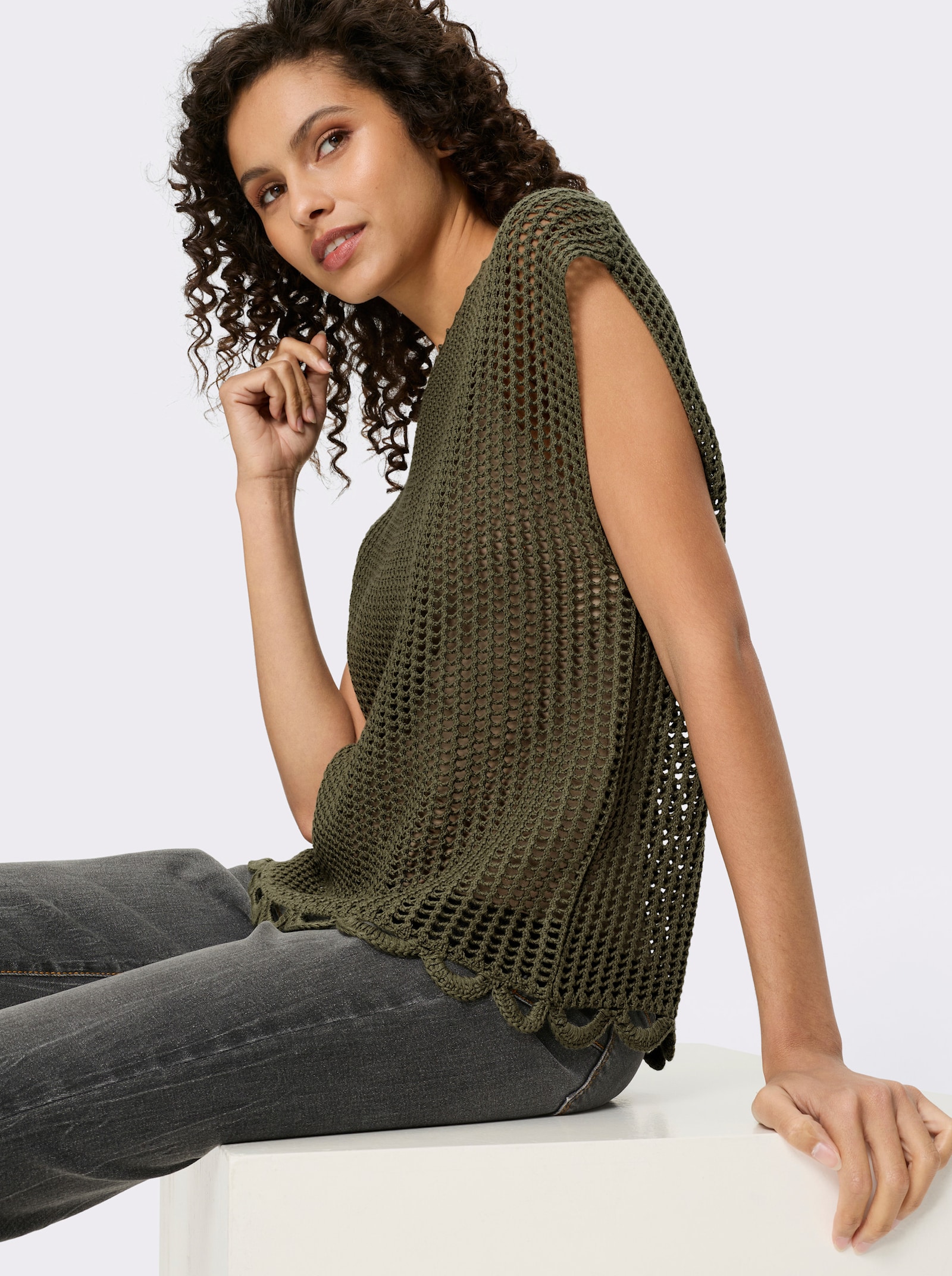 heine Ajourpullover met golvende rand - kaki