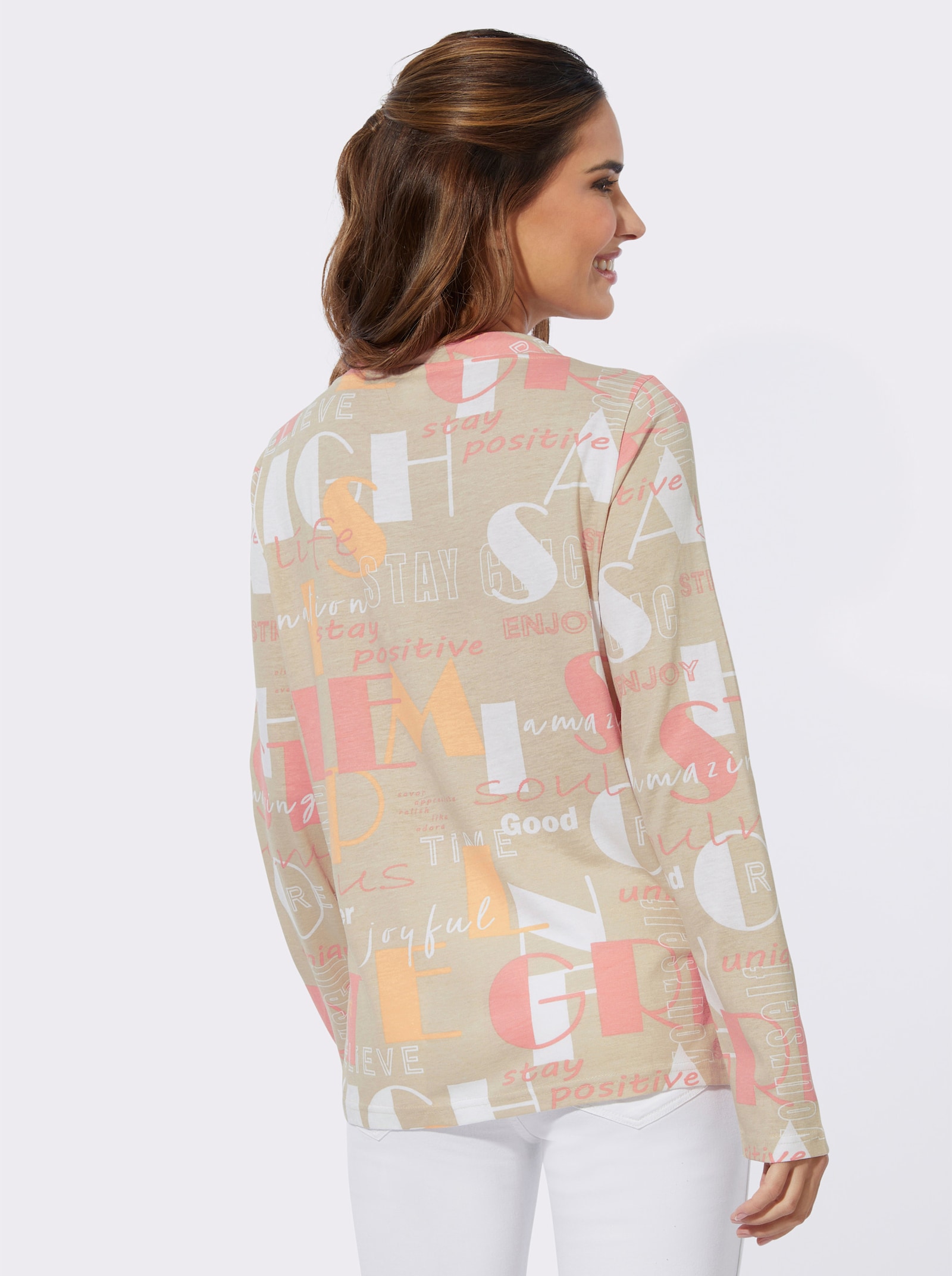 Langarmshirt mit Seitenschlitzen - sand-flamingo-bedruckt