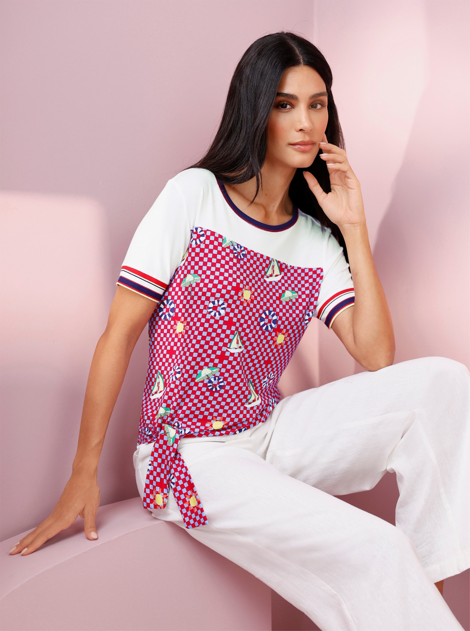 heine Kurzarmshirt mit Knoten-Detail - weiß-erdbeere-bedruckt