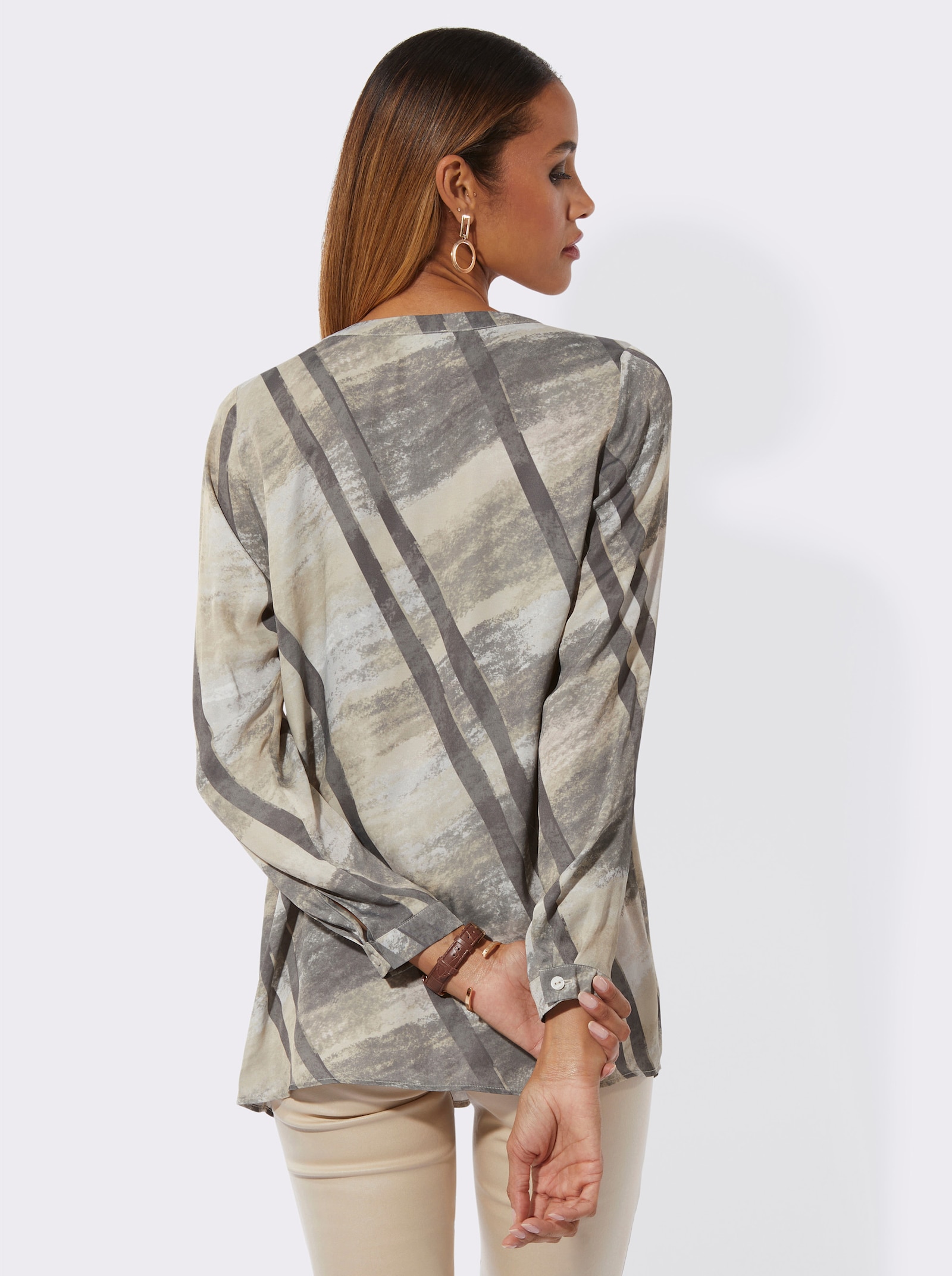 Langarmbluse mit Knopfmanschetten - sand-grau-bedruckt