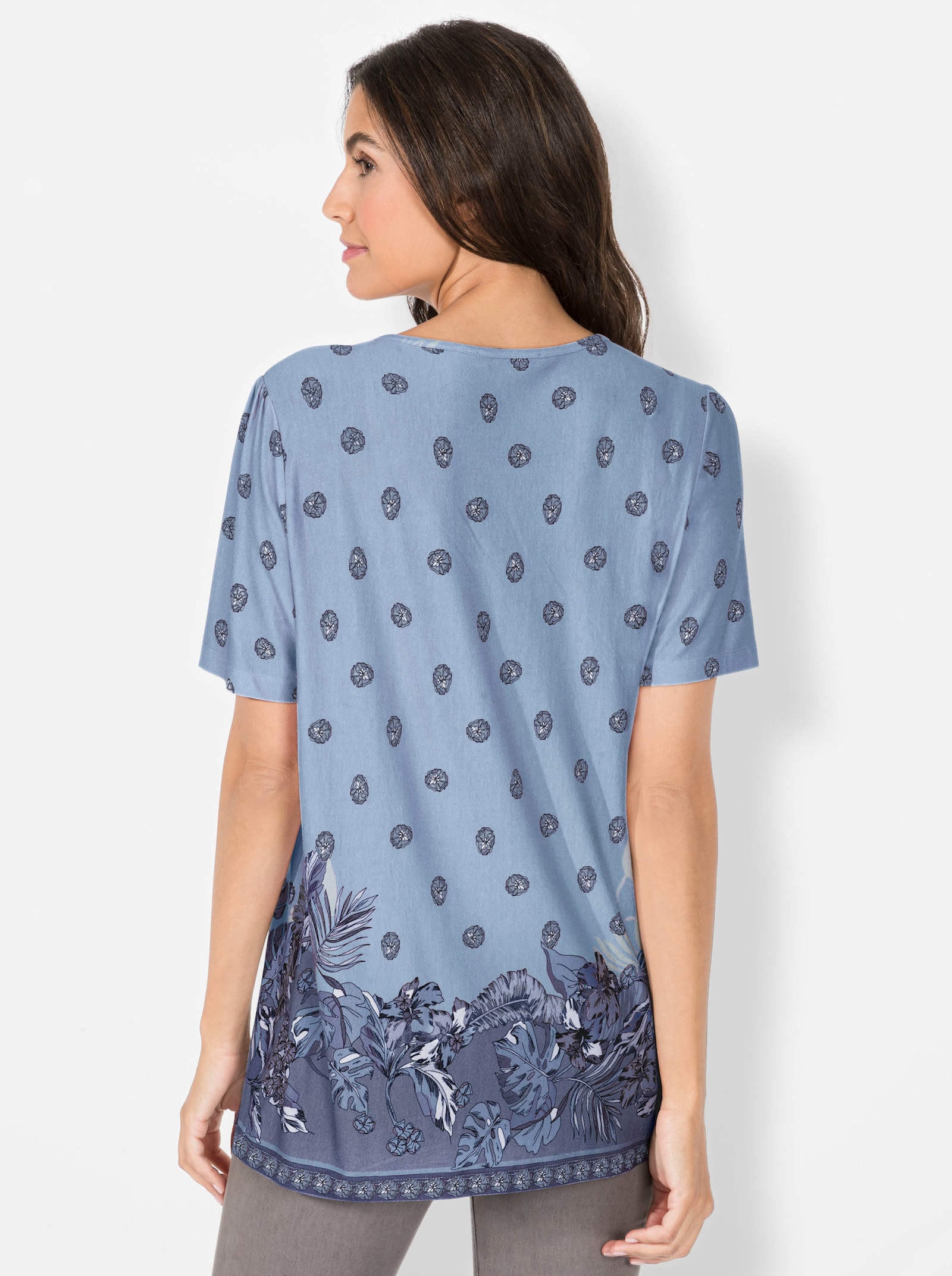 Tuniekshirt met rimpeling bij de hals - lichtblauw geprint