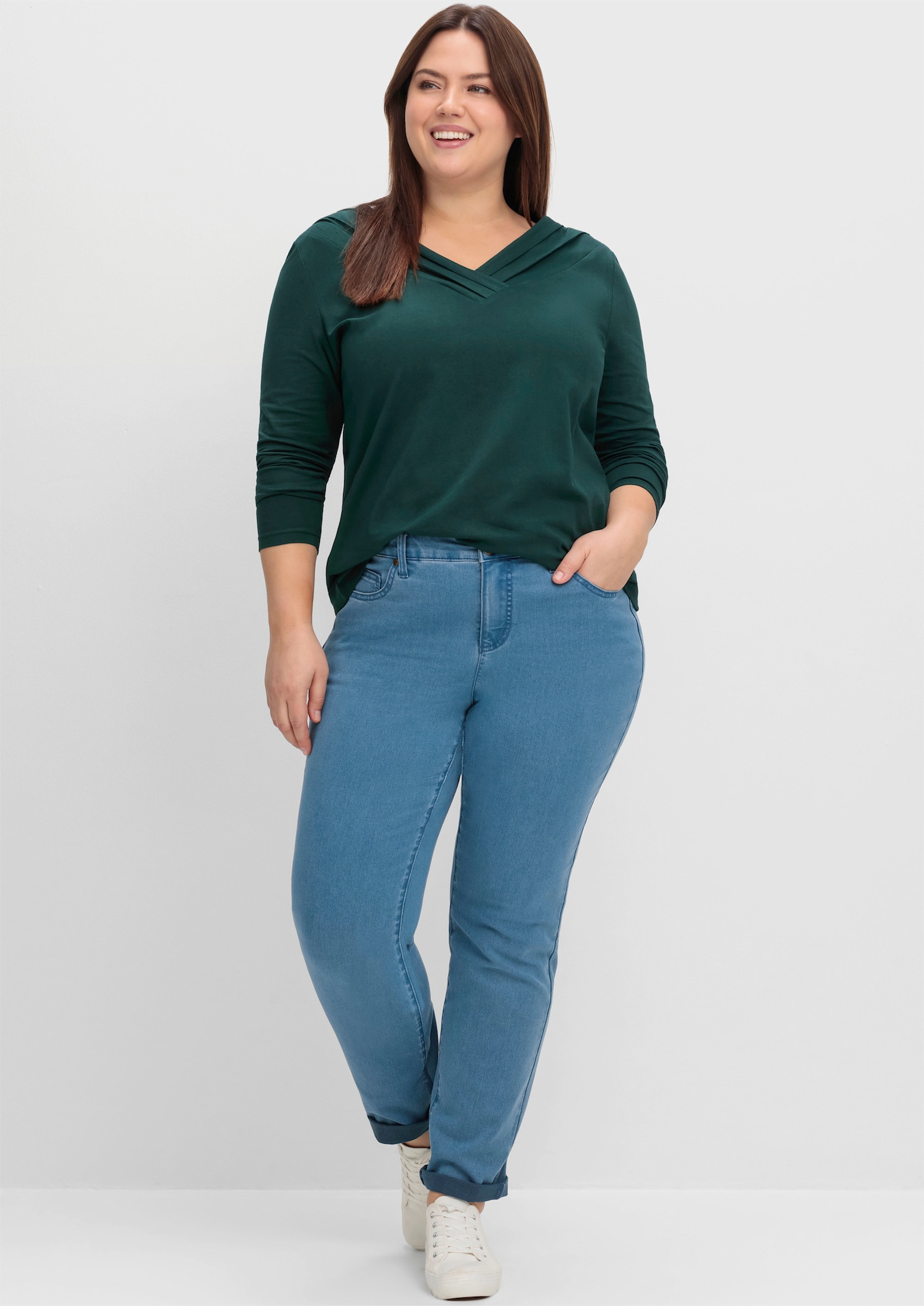 sheego by Joe Browns Langarmshirt mit V-Ausschnitt - tiefgrün