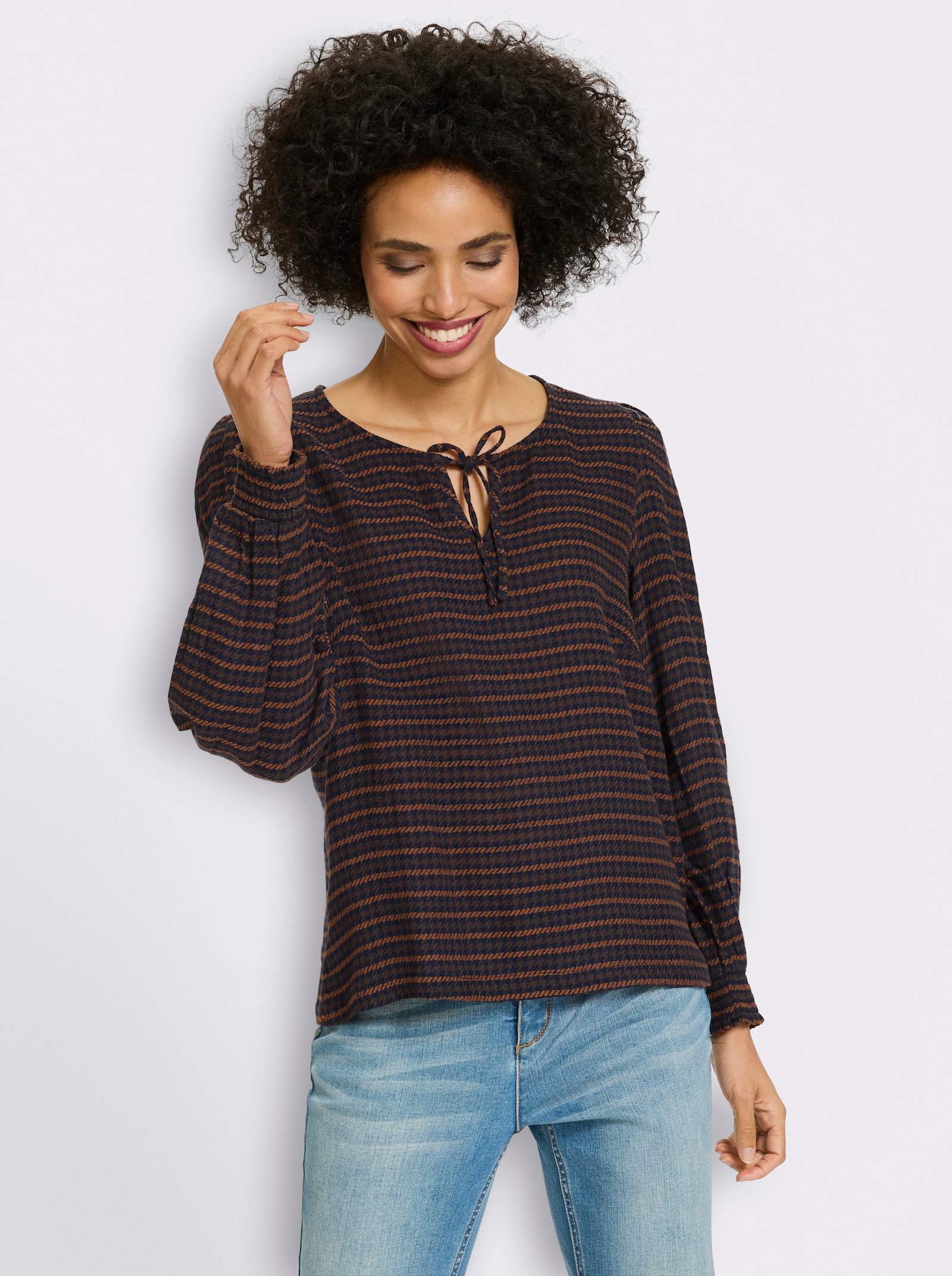 heine Comfortblouse van seersucker - marine/chocolade gedessineerd