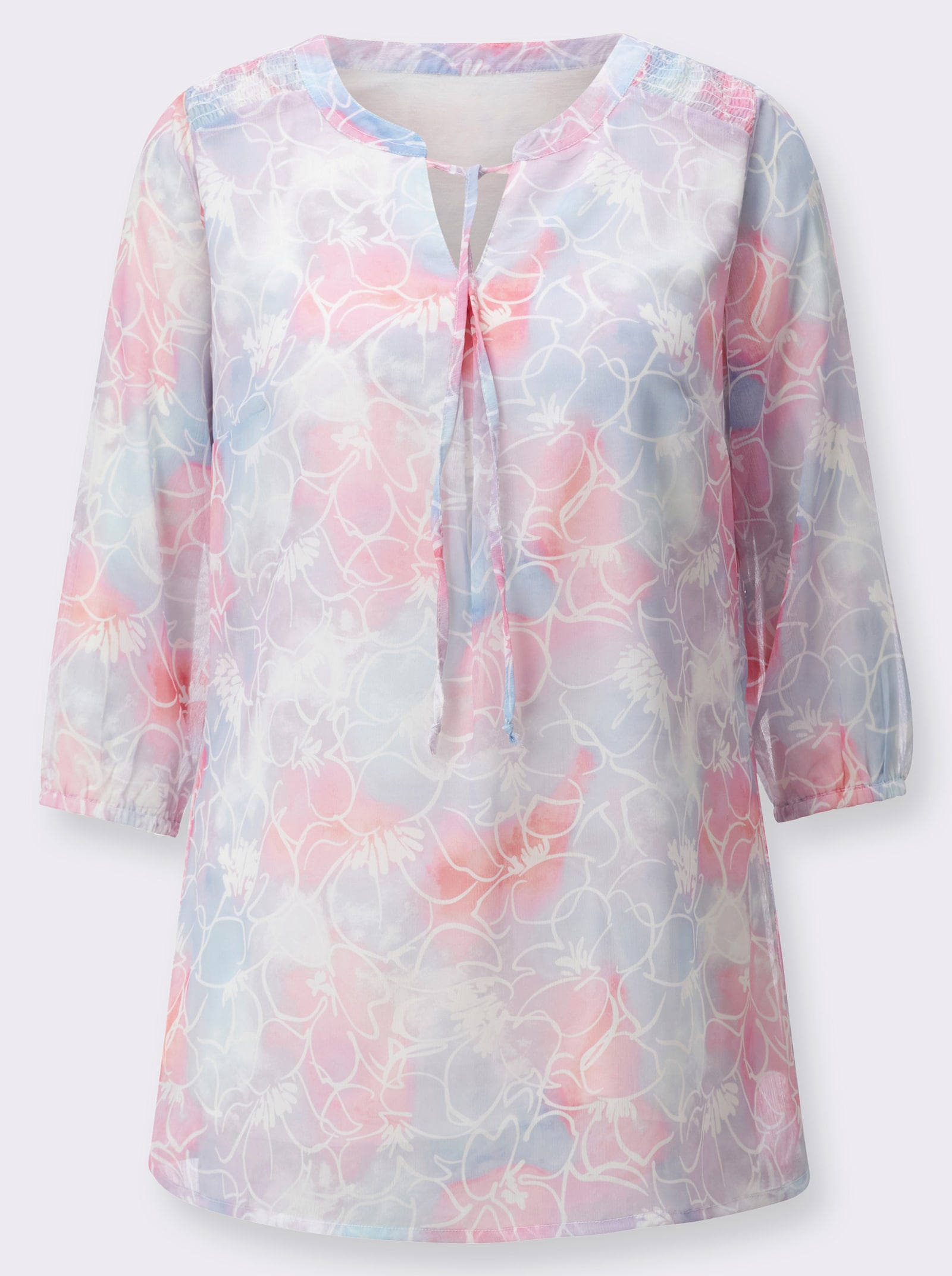 Tuniek met gesmokte inzet op de schouder - lichtblauw/flamingo bedrukt