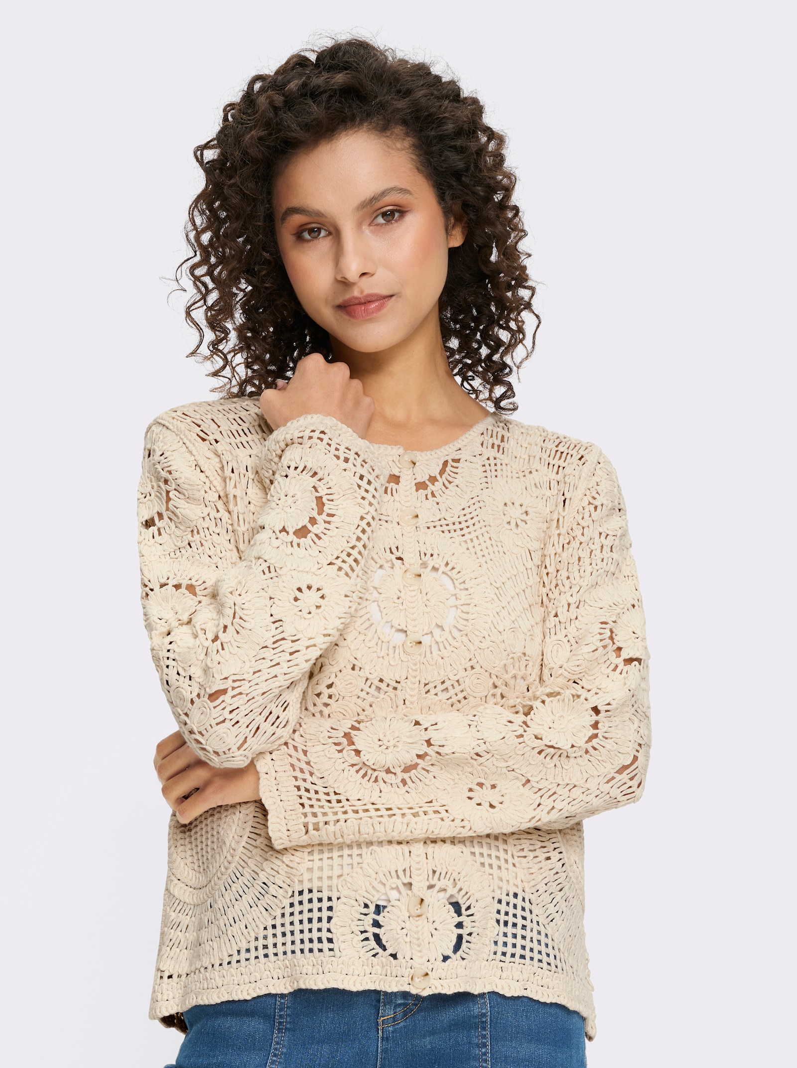 heine Ajourstrickjacke in Häkel-Optik - champagner