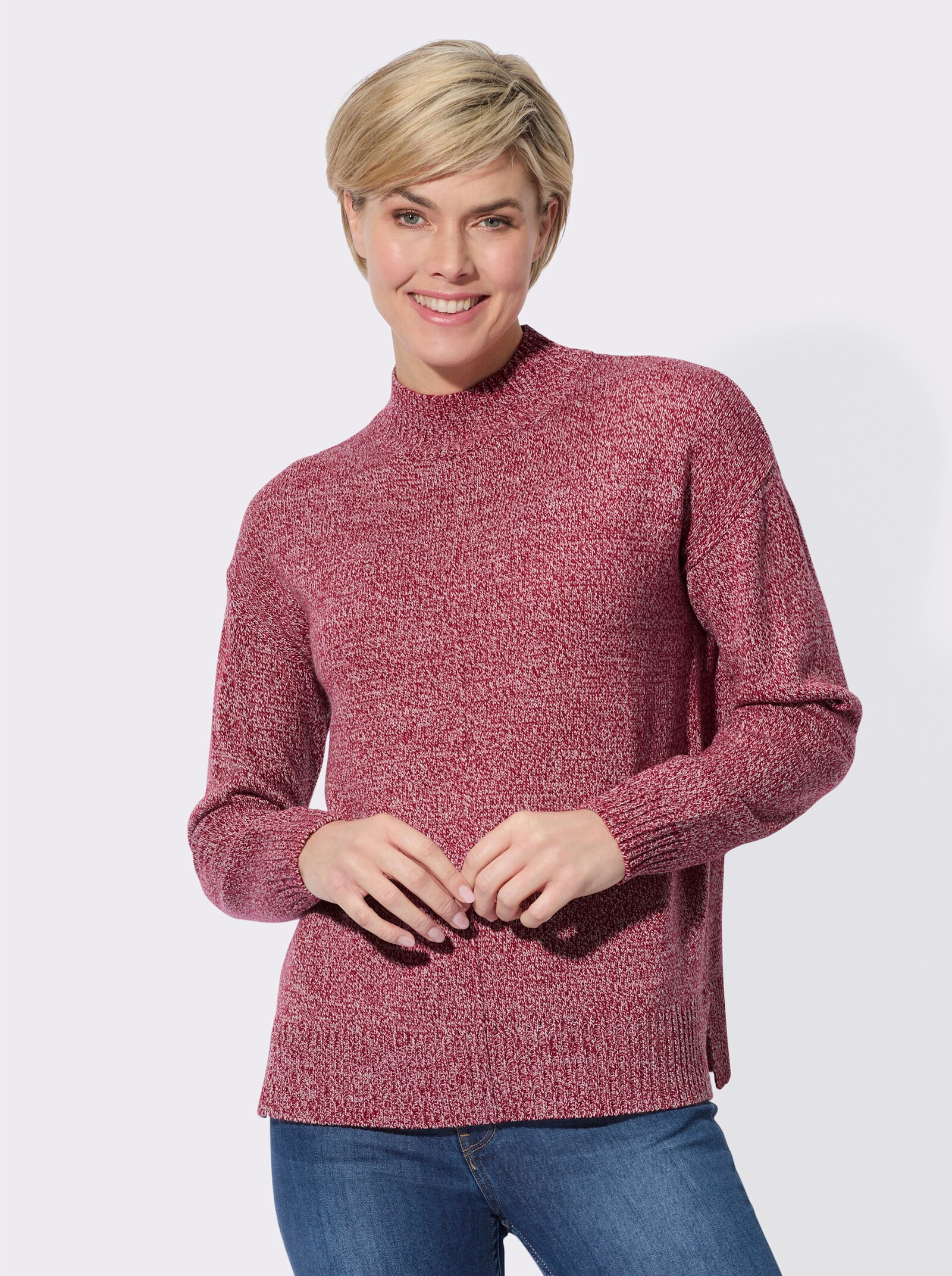 Stehkragenpullover mit Ziernaht, mittig - kirsche-meliert