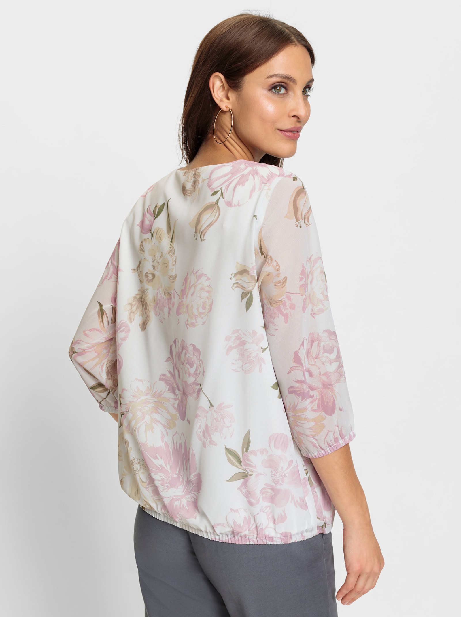 Comfortblouse met bloemenpatroon - ecru/roze geprint