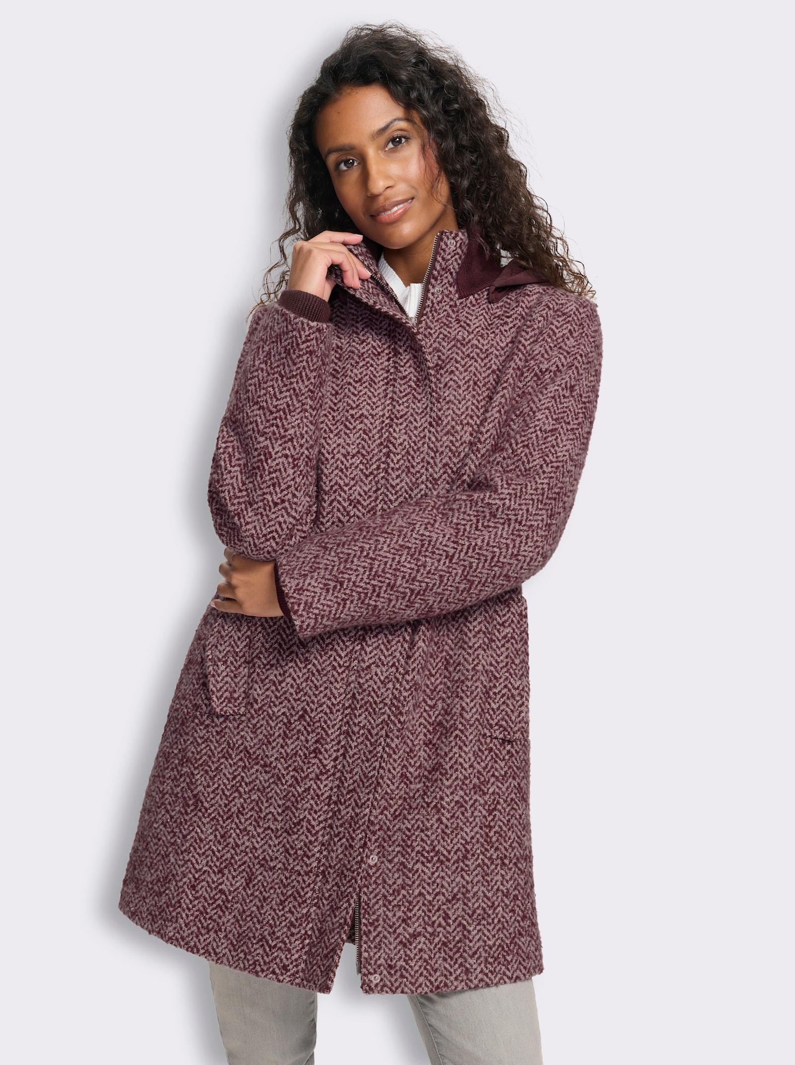 heine Longjacke in Bouclé-Qualität - burgund-mauve-gemustert