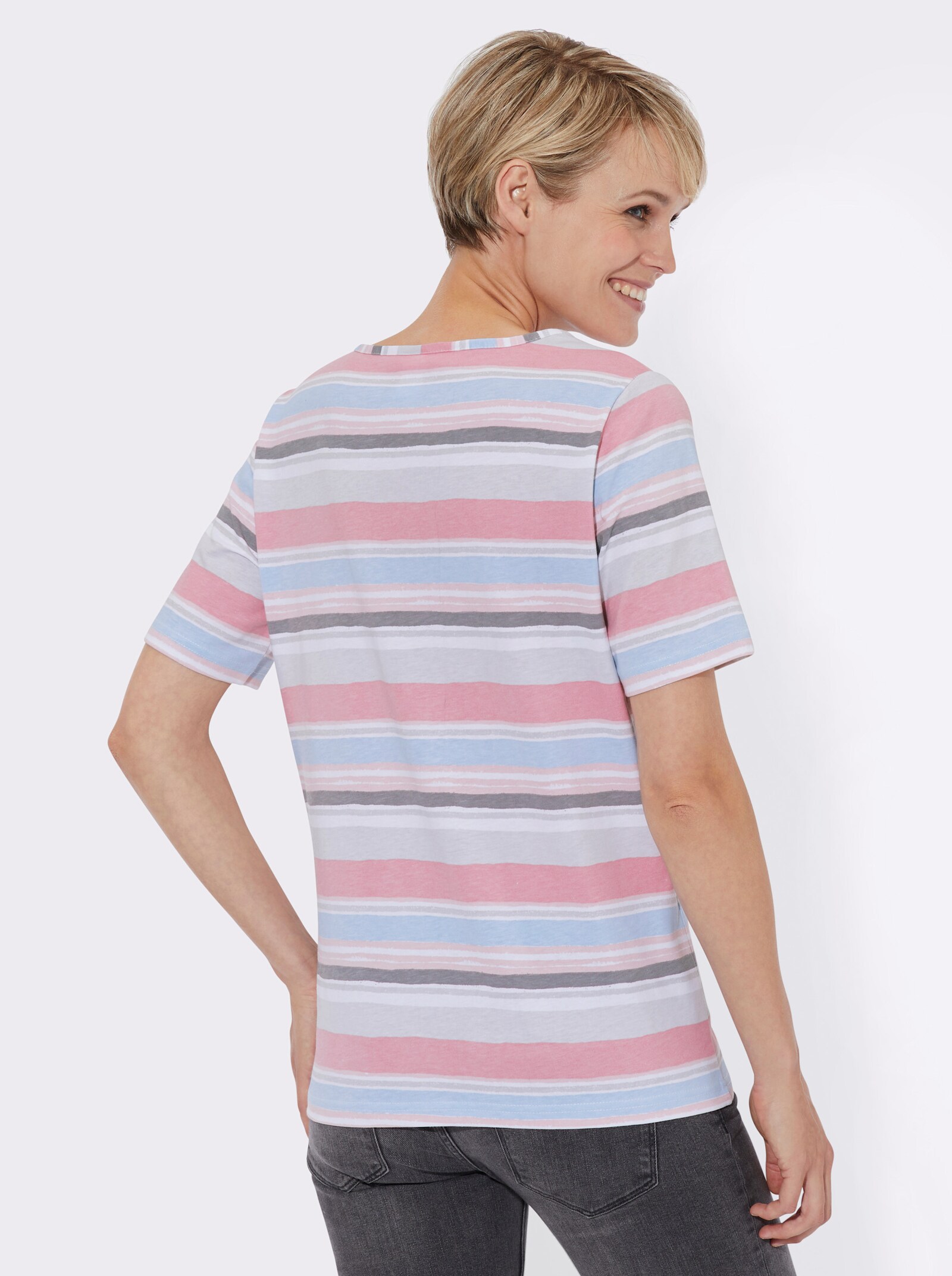 Gestreept shirt met ronde hals - poeder/lichtblauw gestreept