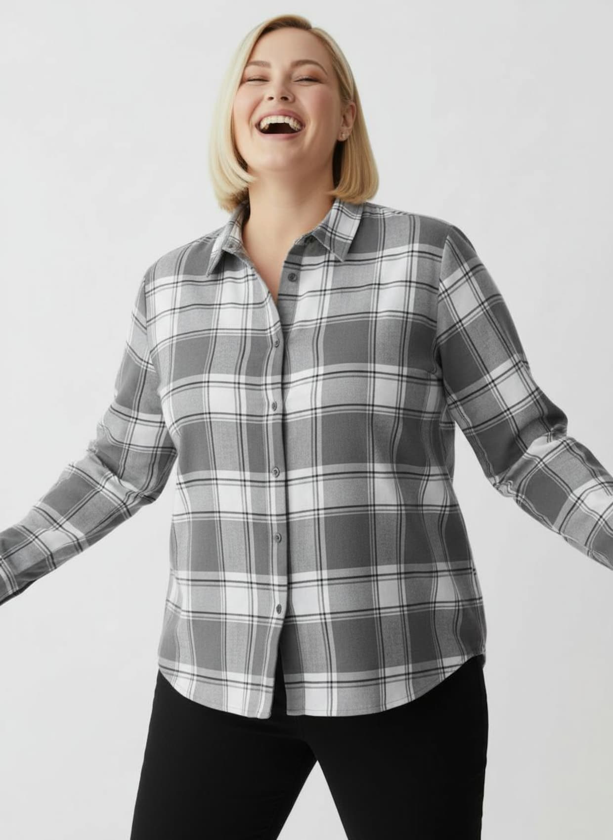 Flanellbluse in Karo-Muster - grau-weiß-kariert